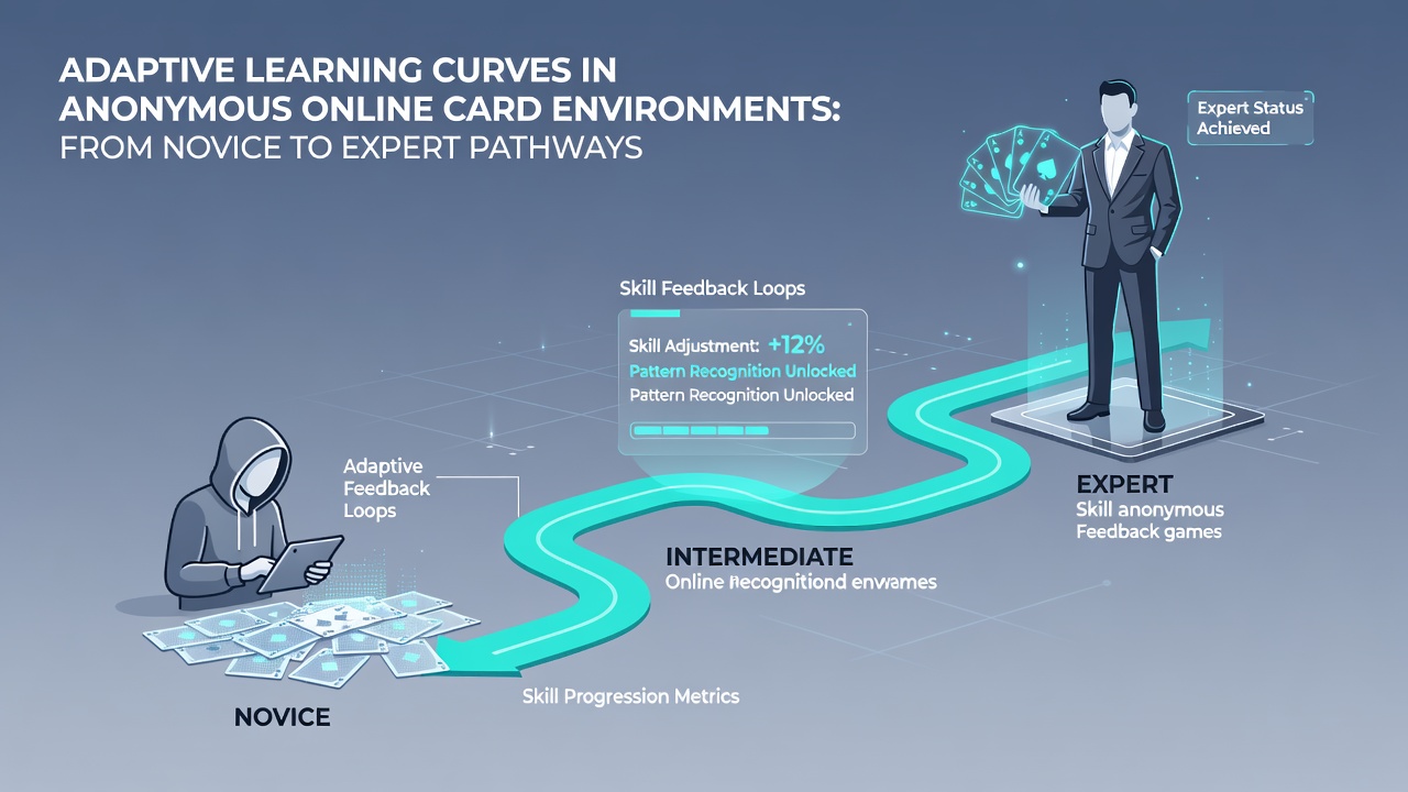 Mid-level players analyzing adaptive curves with charts depicting strategy shifts and performance metrics in virtual card rooms