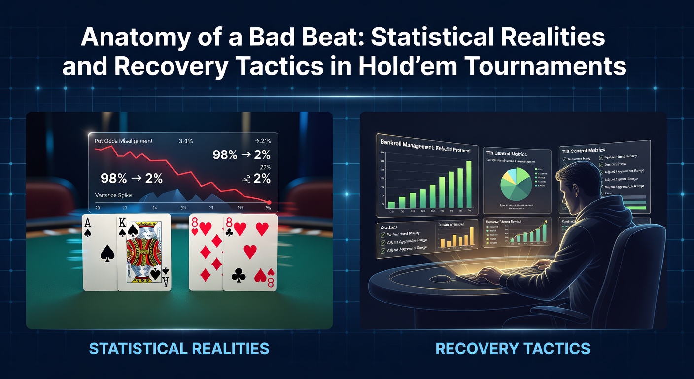 A poker player at a tournament table reacting to a bad beat, chips scattered amid tense expressions