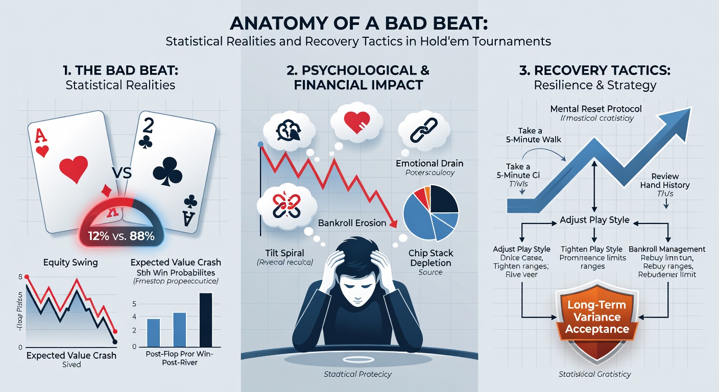 Infographic depicting poker equity curves and bad beat probability charts in a tournament setting