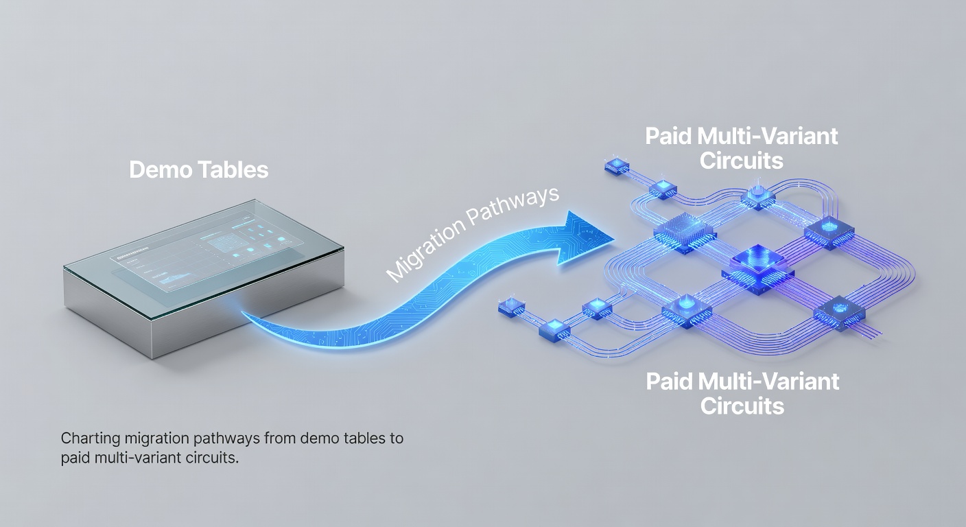 Illustration of poker players moving from free demo tables to paid multi-variant tournament circuits