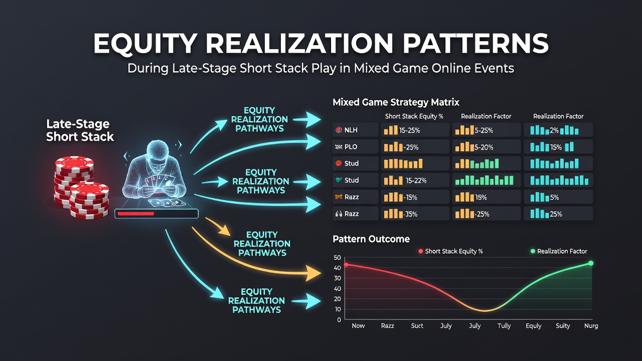 Poker players analyzing short stack equity in mixed game online tournaments during late stages