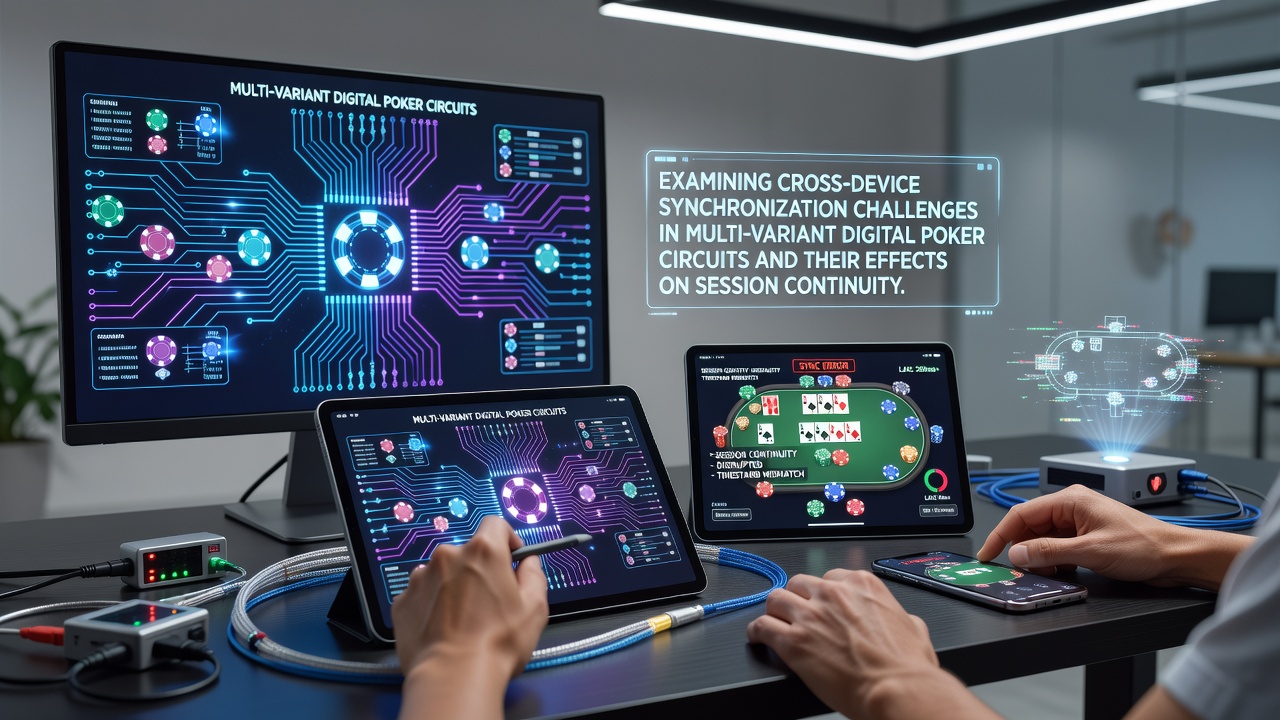 Illustration of poker players switching between mobile and desktop devices during multi-variant sessions