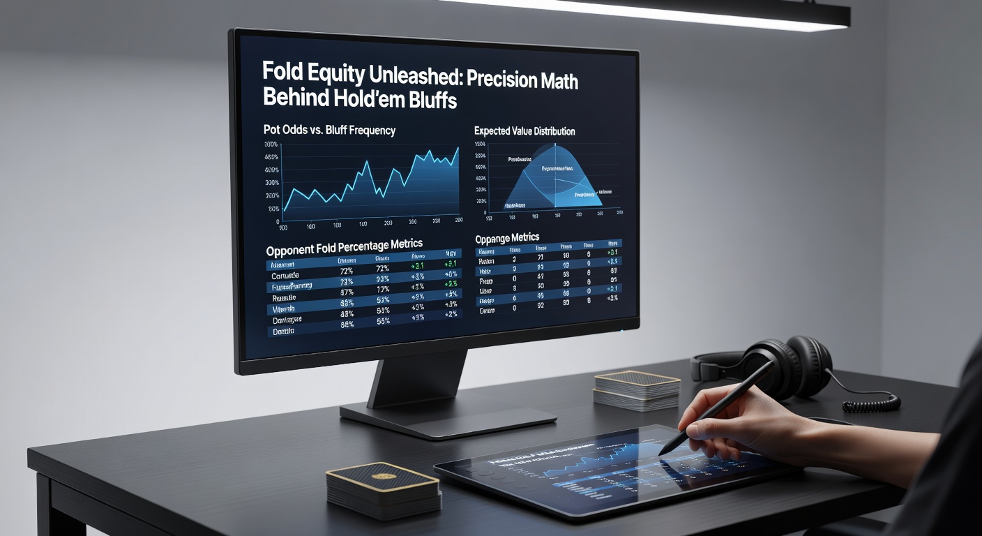 Close-up of a poker solver screen displaying fold equity graphs and EV calculations for a Hold'em bluff scenario