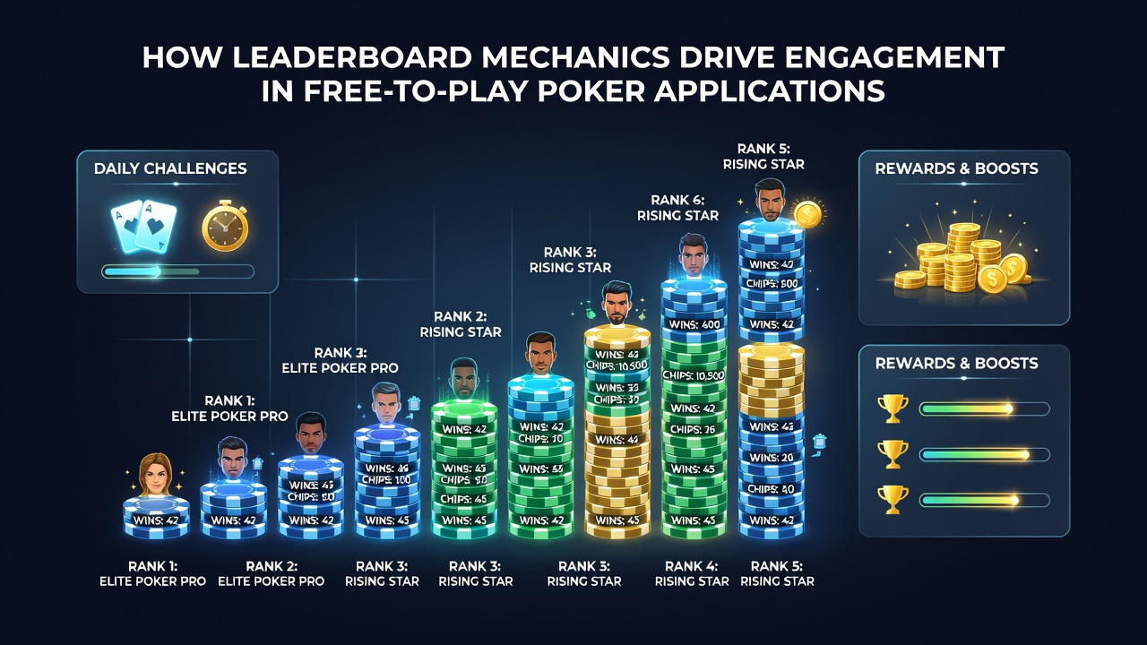 Leaderboard interface displayed on a mobile poker app showing player rankings and point totals