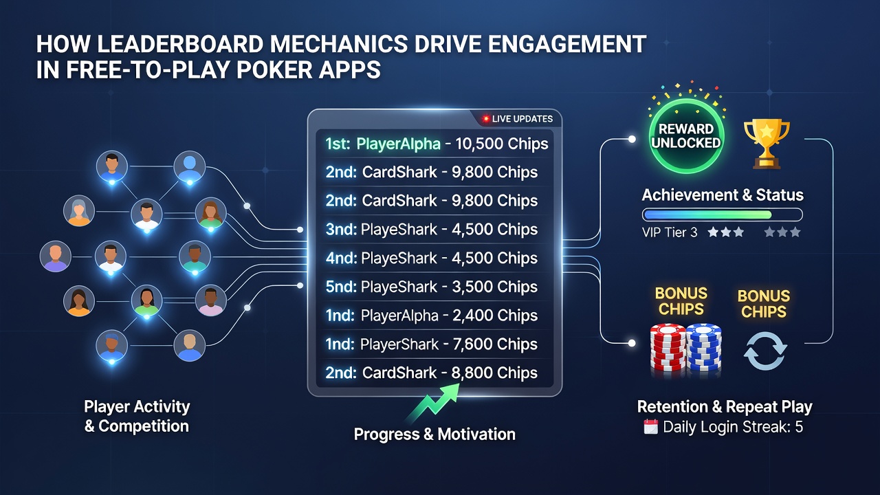 Players comparing leaderboard standings during a group poker session on tablets and phones
