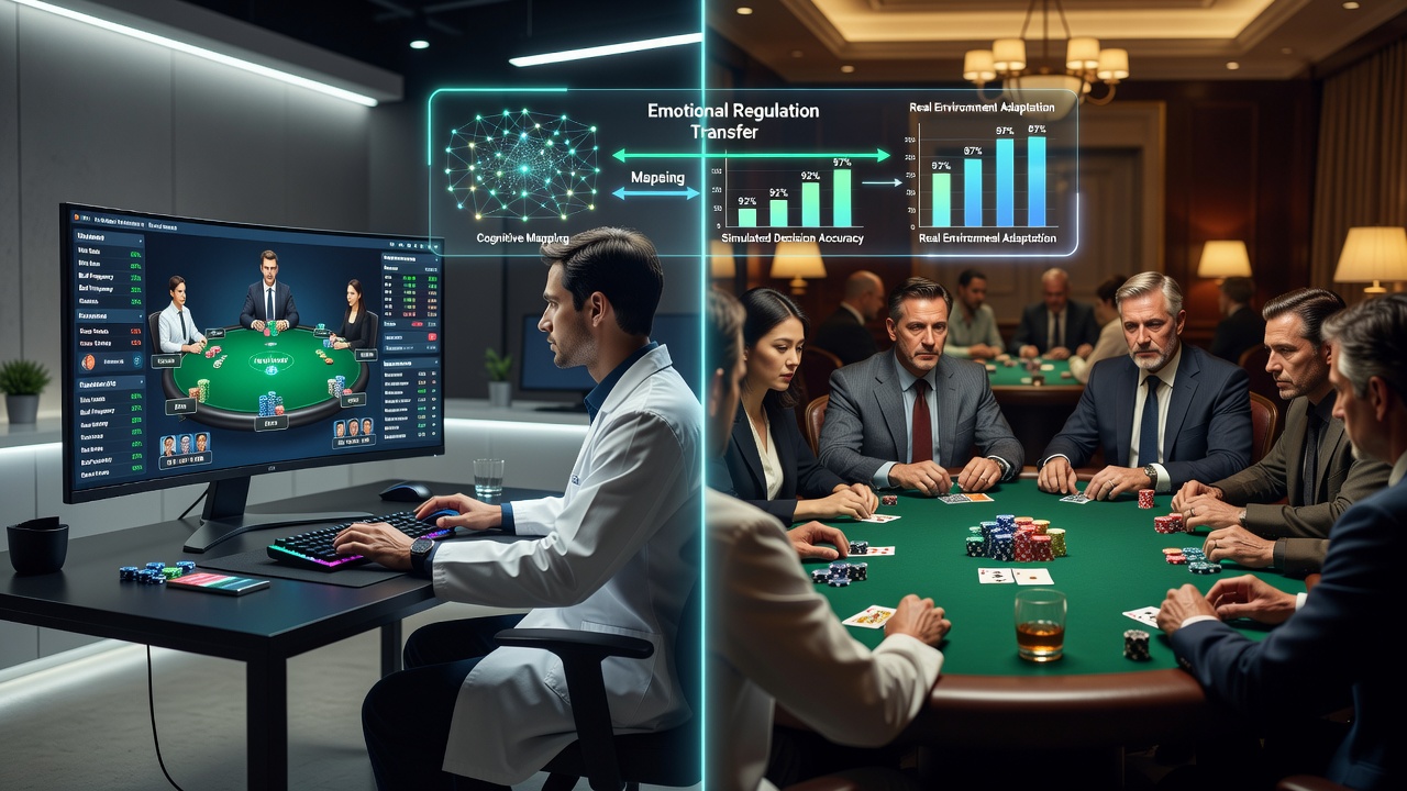 Poker player reviewing hand histories on a laptop next to a live tournament table setup