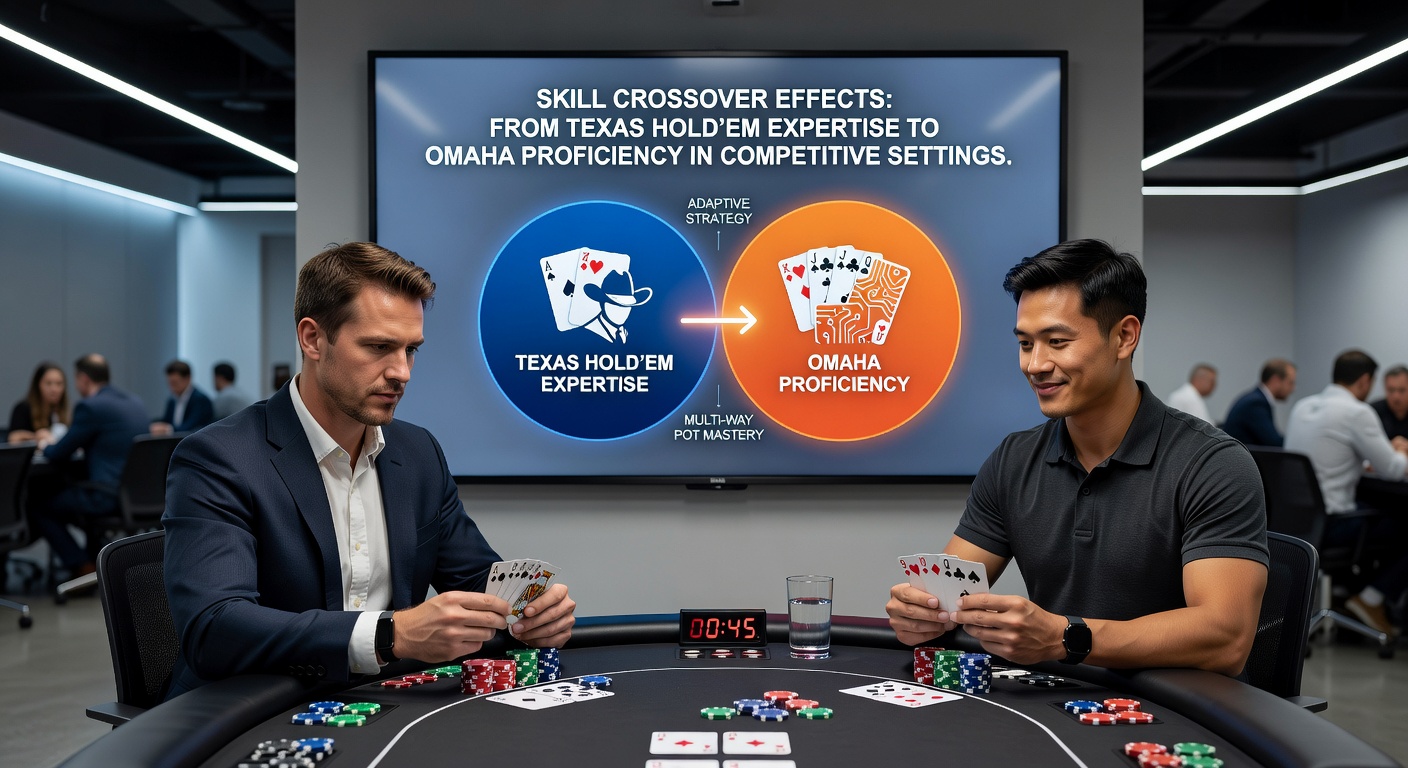 Poker players analyzing hands during a mixed game tournament transitioning between Texas Hold'em and Omaha variants