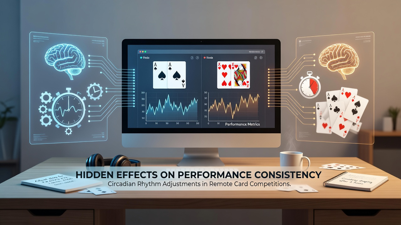 Remote card competition players adjusting schedules across time zones with sleep tracking devices visible on desks
