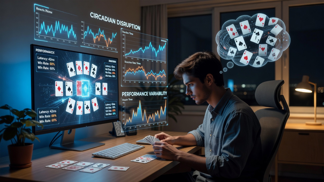 Data visualization showing performance metrics fluctuating with sleep phase shifts in online card tournaments