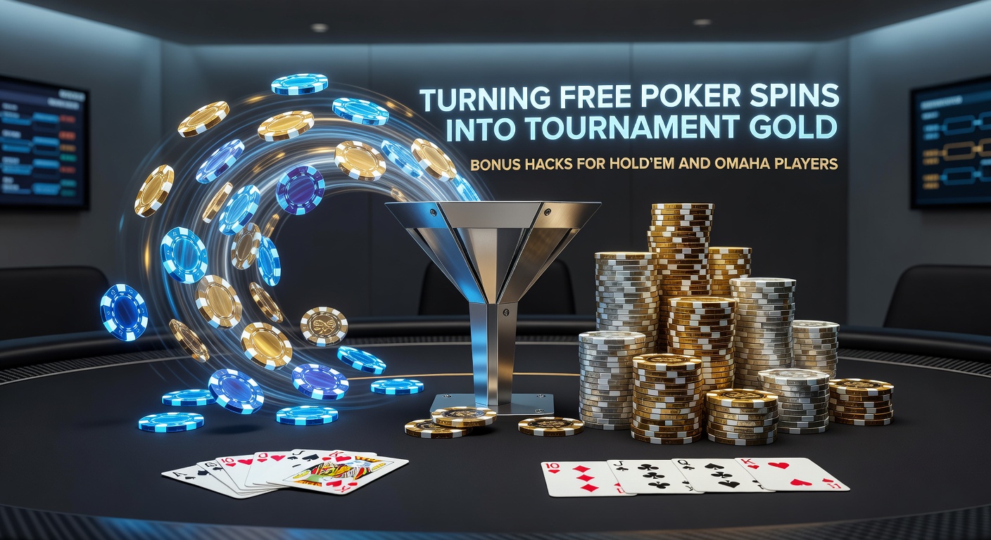 Online poker player at a laptop spinning a virtual wheel for free tournament tickets, with Hold'em and Omaha tables in the background
